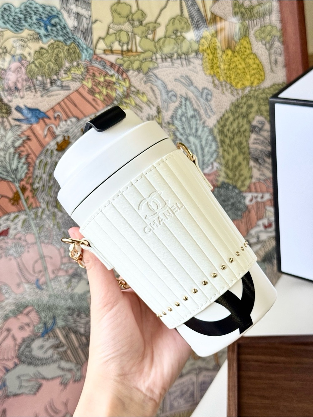 CHANEL White Quilted Cup-Style Crossbody Bottle with Gold Studs